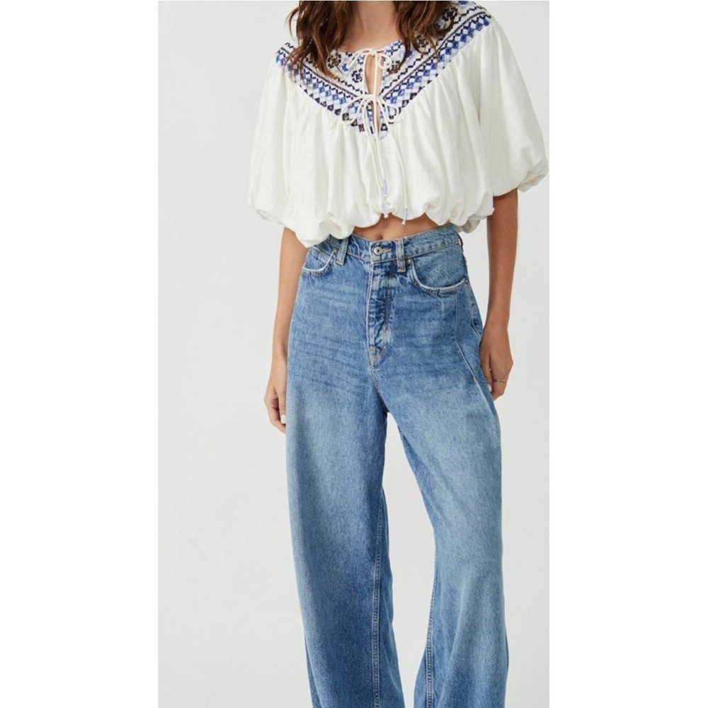 Free People Embroidered Lace Up Puff‎ Sleeve Peasant Blouse Top White  S